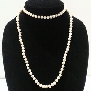 Vintage 36" Hand Knotted White Freshwater Pearl Necklace Sterling Clasp